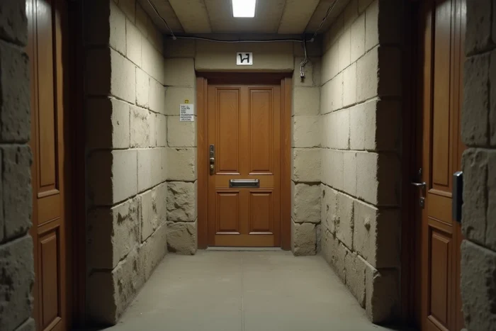 Couloir de caves en copropriété avec portes en bois numérotées et cadenas dans un sous-sol d'immeuble parisien