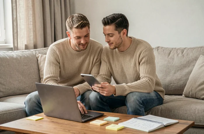 Couple comparant les offres de taux d'intérêt bancaires sur un ordinateur portable dans leur salon