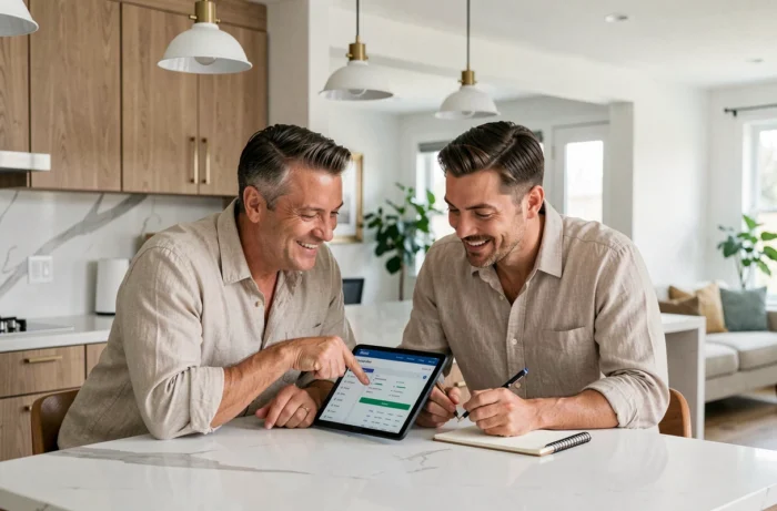 Couple étudiant un investissement immobilier en ligne sur une tablette dans une cuisine moderne