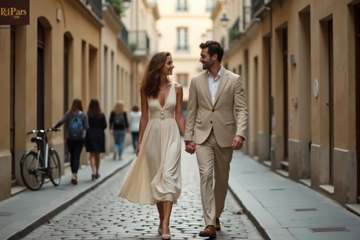Couple marié marchant main dans la main dans une ruelle parisienne pavée, ambiance romantique et naturelle