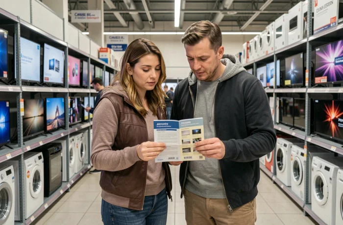 Couple étudiant une brochure de paiement en plusieurs fois dans le rayon électroménager d'un magasin Leclerc