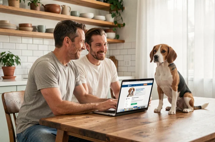 Couple recherchant une assurance santé pour leur chien beagle sur ordinateur portable dans leur cuisine moderne