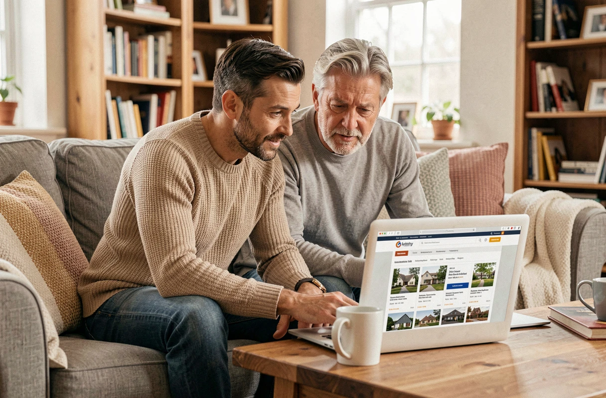 Couple recherchant des biens immobiliers en ligne ensemble sur un ordinateur portable dans leur salon