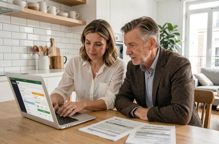 Couple étudiant une simulation de fiscalité immobilière sur ordinateur portable dans un appartement moderne parisien
