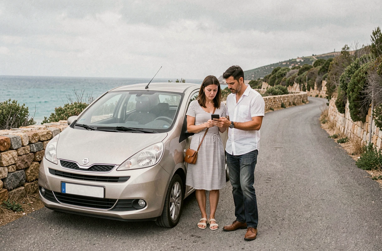 Couple consultant leur smartphone sur une route côtière italienne pour vérifier les règles de conduite et éviter une amende