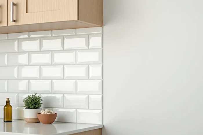 Crédence de cuisine en dalles PVC brillantes installées pour valoriser un appartement avant la vente