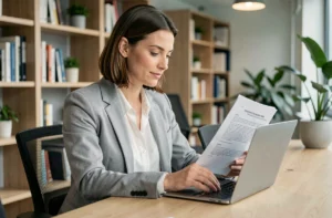 Femme professionnelle vérifiant des documents de conformité CNIL sur un bureau moderne avec un ordinateur portable