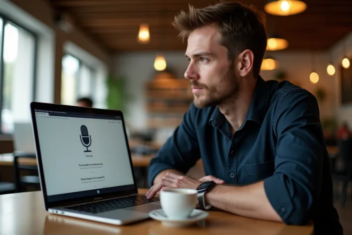 Homme utilisant DeepL Voice sur un ordinateur portable dans un café urbain