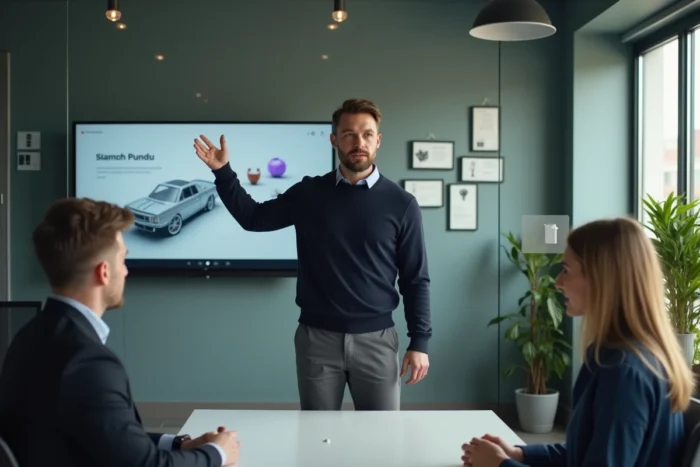 Designer diplômé du DNMADE présentant un projet numérique à une équipe dans une agence de design