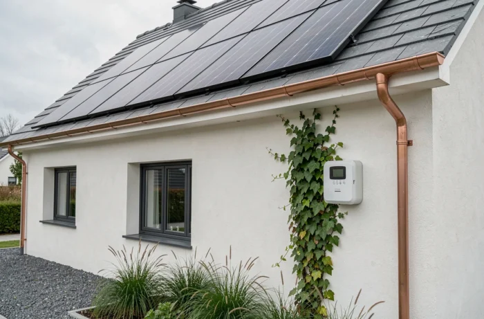 Détail architectural d'une maison moderne équipée de panneaux solaires et d'un compteur d'énergie intelligent