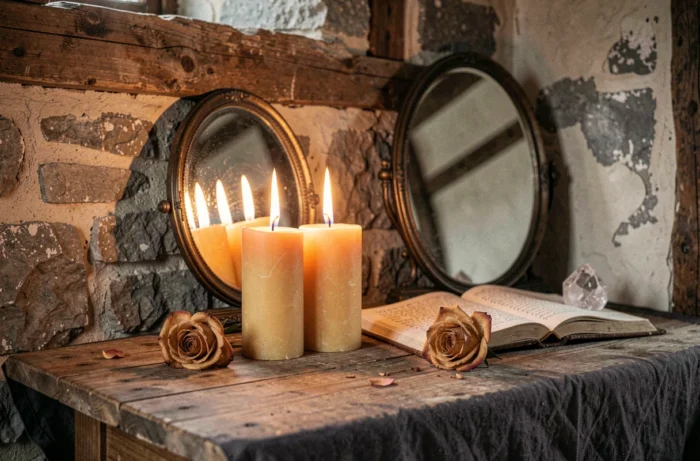 Deux bougies jumelles reflétées dans un miroir ancien sur une table en bois rustique, évoquant la symbolique des flammes jumelles et de l'heure miroir