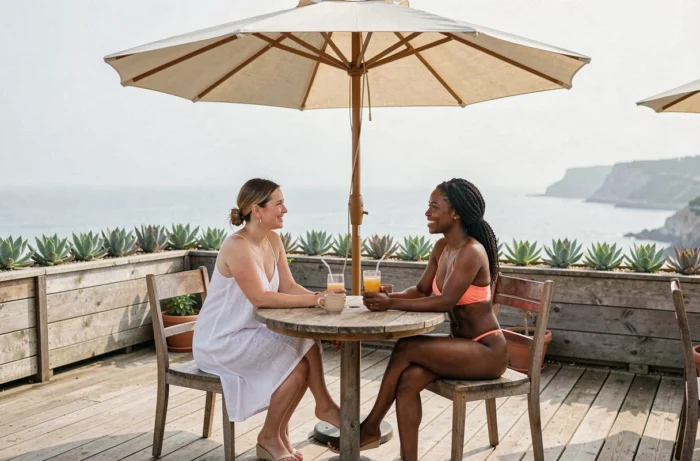 Deux femmes discutant sous un parasol de terrasse en bord de mer, illustrant la protection solaire partielle offerte par un parasol