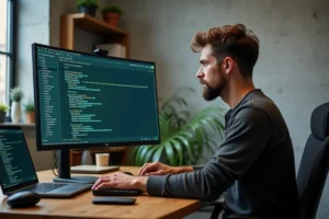 Développeur Linux utilisant un logiciel open-source de conversion vidéo sur un grand écran ultrawide dans un bureau moderne à domicile