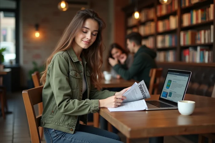 Jeune diplômée du DNMADE explorant les options de poursuite d'études et débouchés professionnels dans un café