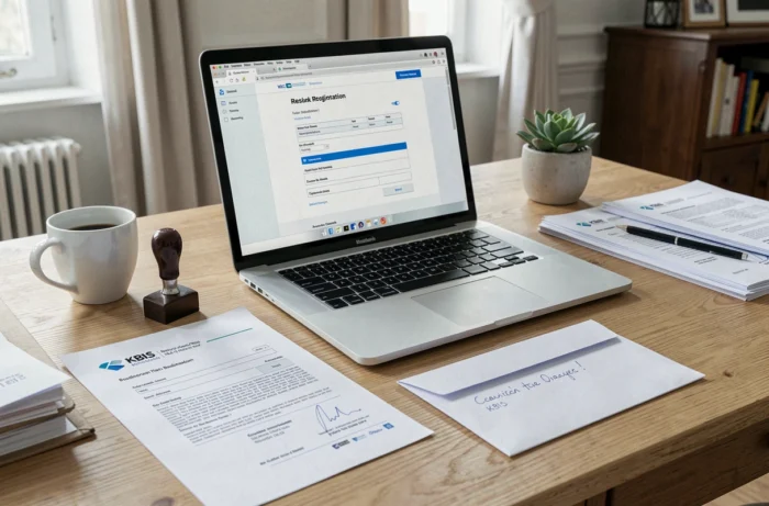 Bureau domestique avec formulaire d'immatriculation en ligne et document officiel illustrant la domiciliation d'un auto-entrepreneur à une adresse personnelle