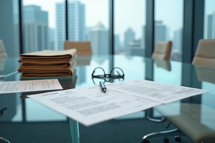 Documents financiers et dossiers juridiques étalés sur une table de salle de réunion, évoquant une enquête sur un empire économique dissimulé