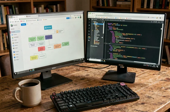 Écran d'ordinateur affichant un outil de visualisation de sitemap XML et un éditeur de code en bureau à domicile