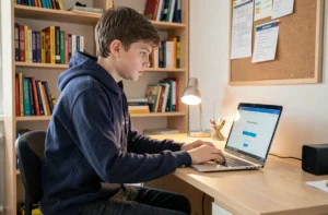 Élève collégien se connectant à son espace numérique sur un ordinateur portable depuis sa chambre