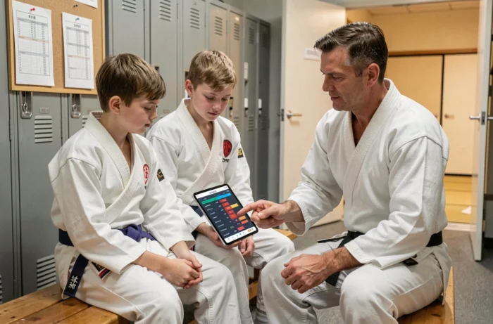 Entraîneur de judo expliquant la progression des grades à un jeune judoka sur une tablette affichant l'extranet FFJDA