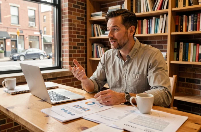 Entrepreneur masculin en réunion dans un espace de coworking avec documents et ordinateur portable