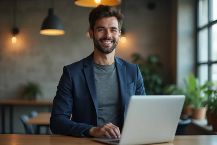 Entrepreneur masculin consultant le répertoire Sirene sur un ordinateur portable dans un espace de coworking
