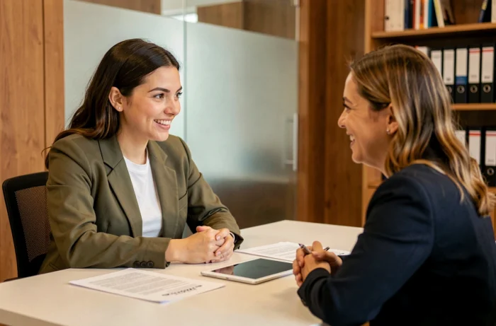 Jeune femme en entretien de conseil avec une conseillère en emploi dans un bureau professionnel, illustrant l'accompagnement personnalisé dans la recherche d'emploi