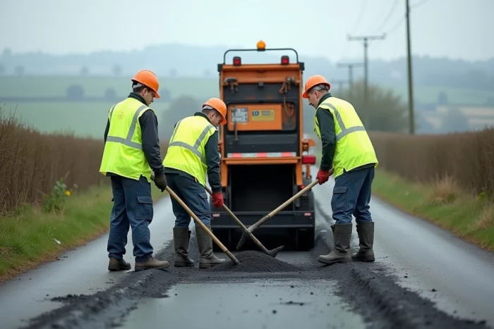 Équipe de voirie municipale effectuant le bouchage de nids-de-poule sur une route rurale communale