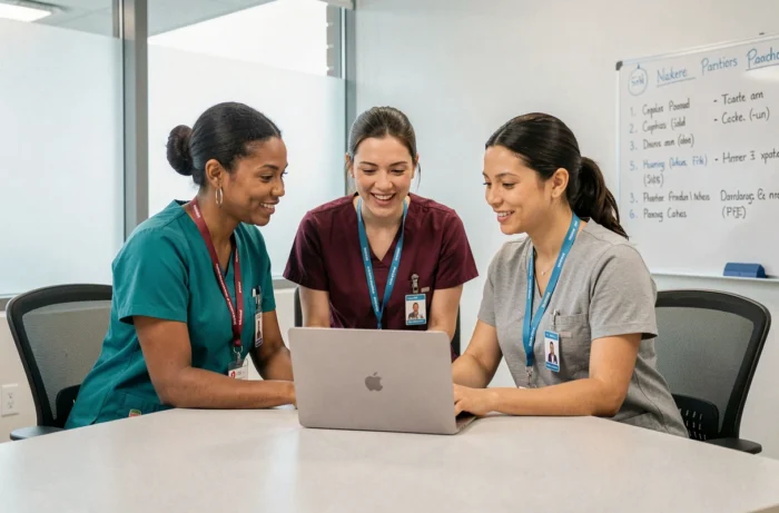 Équipe d'infirmiers consultant ensemble une plateforme de ressources professionnelles en ligne dans une salle de formation