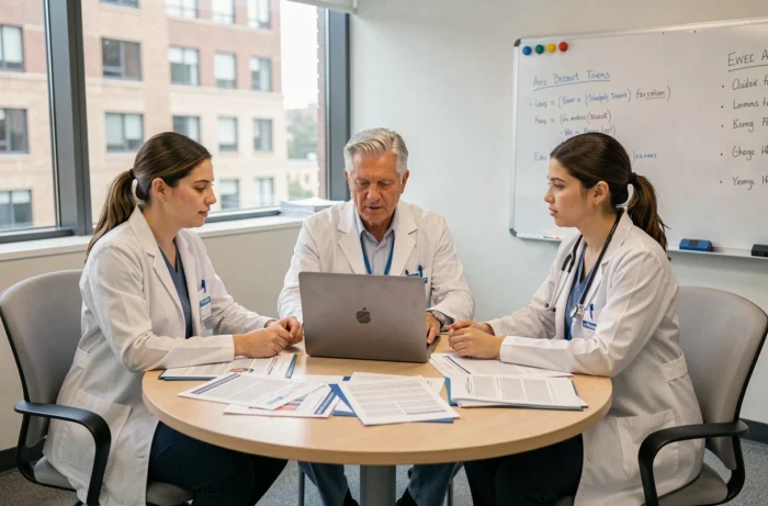 Équipe de professionnels de santé réunis pour discuter de ressources et conseils médicaux actualisés