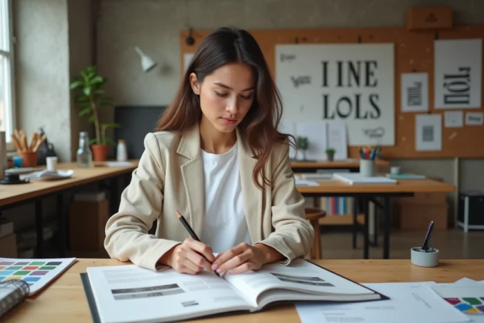 Étudiante en design consultant son portfolio dans un studio créatif après l'obtention d'un DNMADE