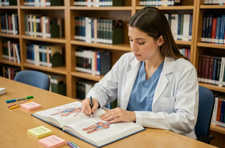 Étudiante en médecine consultant un manuel d'anatomie sur les parties du corps commençant par K dans une bibliothèque universitaire