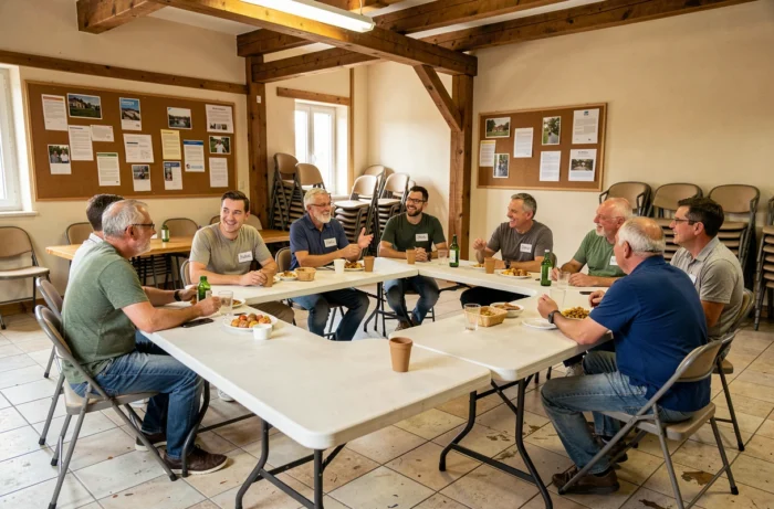 Réunion conviviale dans une salle communautaire de Cholet, adultes discutant lors d'un événement de rencontre local