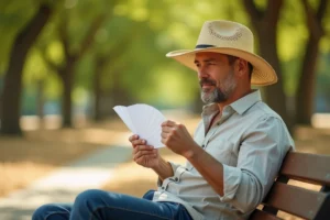 Homme portant un chapeau de paille assis dans un parc par temps chaud, l'air détendu et au sec