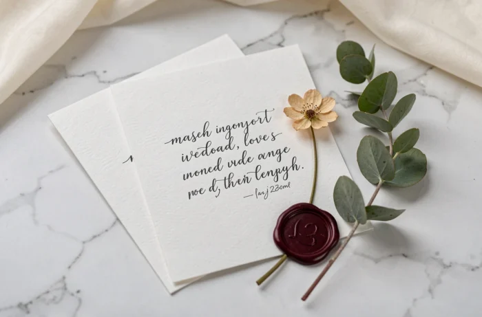 Faire-part de mariage élégant avec un message d'amour personnalisé en calligraphie sur marbre blanc