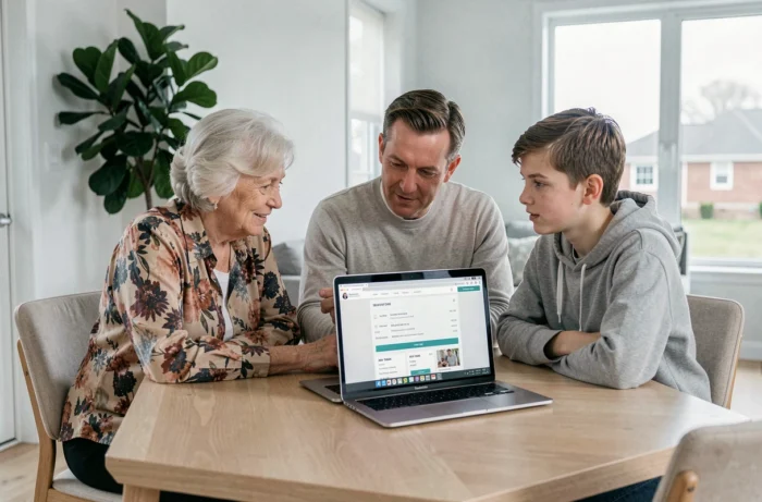 Une famille multigénérationnelle compare les tarifs des services Âge d'Or sur un ordinateur portable à table