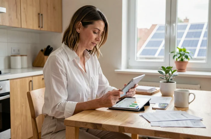 Femme analysant ses économies d'énergie solaire sur une tablette dans une cuisine moderne