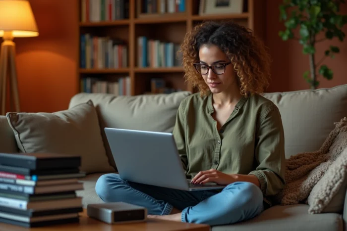 Jeune femme utilisant une application de conversion multimédia open-source sur Linux depuis son canapé dans un appartement cosy