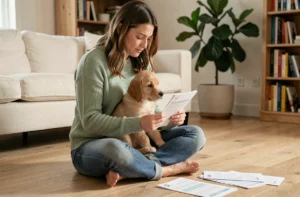 Femme consultant des documents d'assurance santé animale avec son chiot golden retriever sur le plancher de son salon