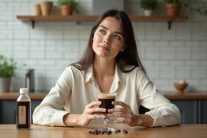 Femme tenant un verre de brûleur moka dans une cuisine moderne, tendance minceur au café