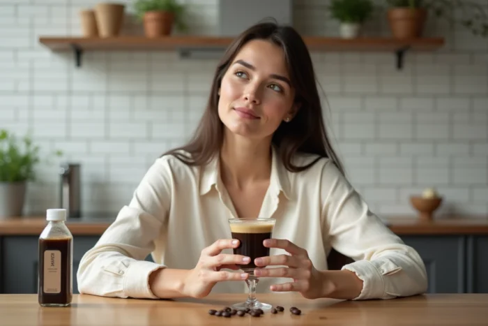 Femme tenant un verre de brûleur moka dans une cuisine moderne, tendance minceur au café