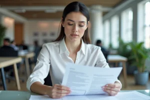 Femme d'affaires consultant des documents d'immatriculation SIREN et SIRET dans un bureau moderne