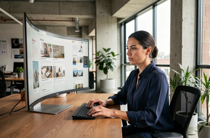 Femme professionnelle comparant des alternatives à des sites web comme Skynet System sur un écran d'ordinateur dans un bureau moderne