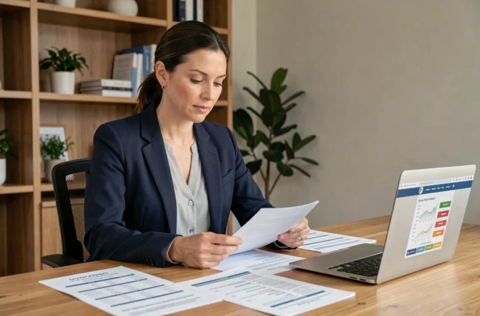 Femme comparant les taux d'intérêt des banques sur des documents imprimés dans un bureau à domicile moderne