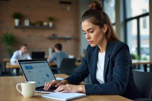Femme professionnelle développant ses compétences digitales sur un ordinateur portable dans un espace de coworking moderne