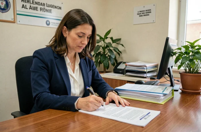 Femme consultant les documents d'une demande d'aide à la formation du conseil régional dans un bureau administratif