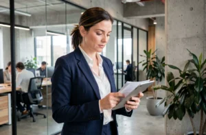 Femme entrepreneur en blazer marine consultant une tablette dans un bureau moderne et contemporain