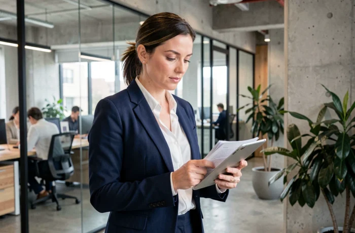 Femme entrepreneur en blazer marine consultant une tablette dans un bureau moderne et contemporain