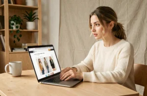 Jeune femme explorant le site Miss Marion sur un ordinateur portable dans un bureau cosy et chaleureux