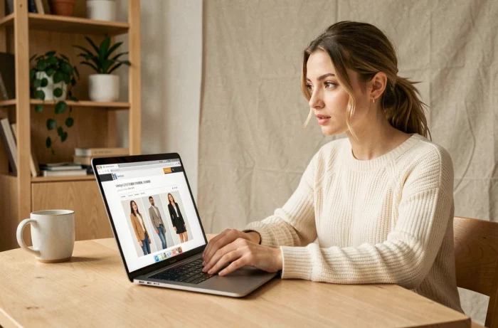 Jeune femme explorant le site Miss Marion sur un ordinateur portable dans un bureau cosy et chaleureux