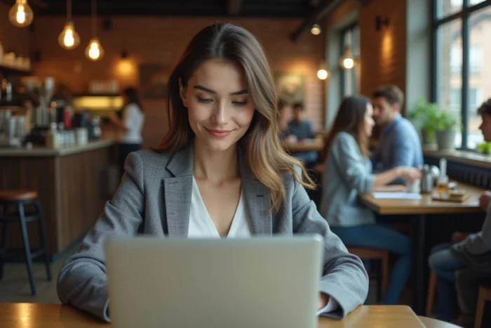 Femme consultant un guide d'investissement et une plateforme de courtage sur son ordinateur dans un café